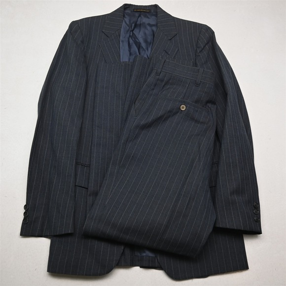 Vtg USA Made 38R 28x30 Blue Striped 100% Wool Mens Jacket Pants Suit